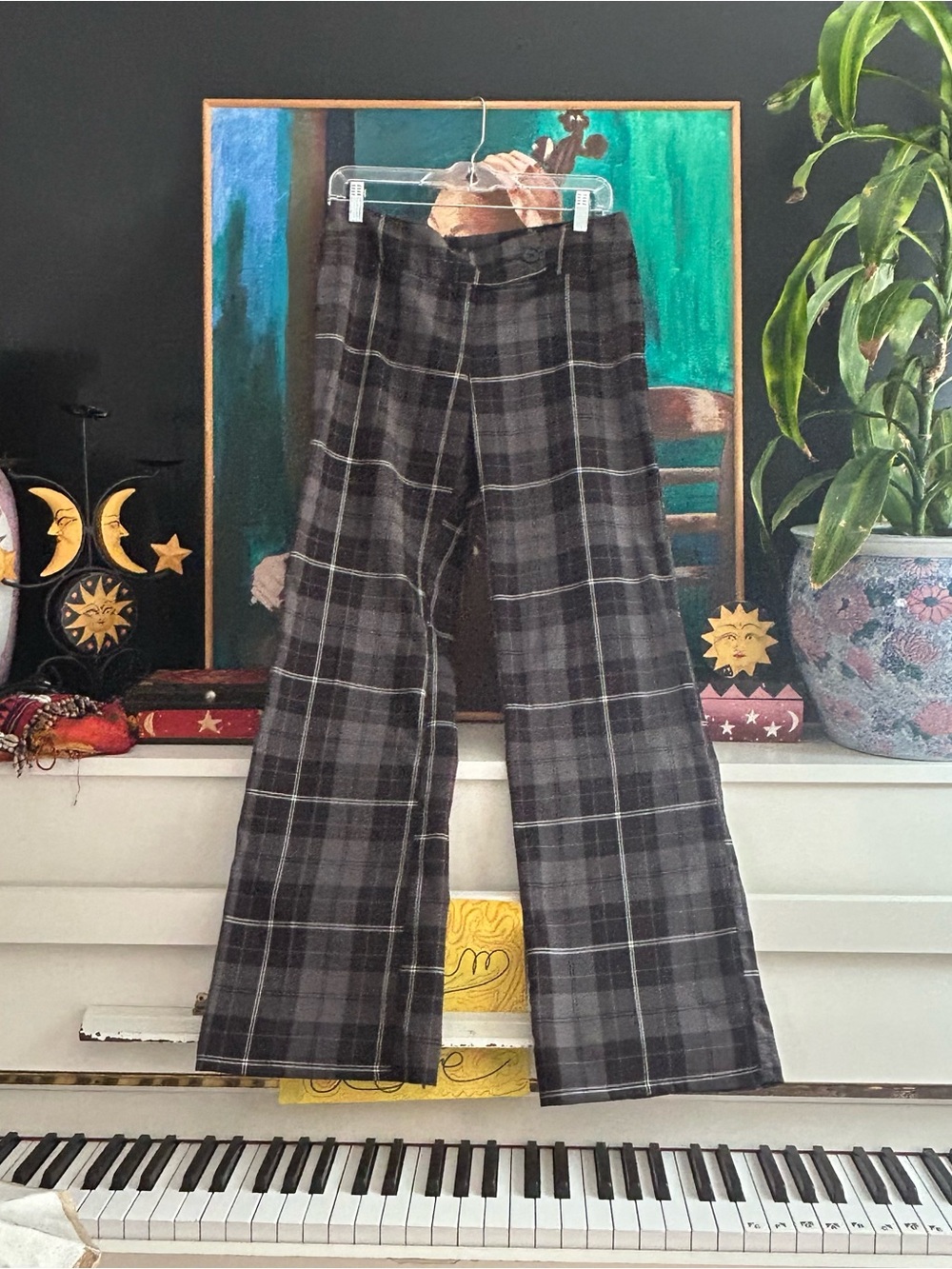Candy Couture Plaid Wide Leg Pants Size 9 Gray Black Y2K Grunge